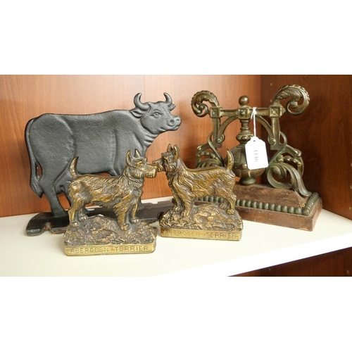 1146 - Pair of Brass Terrier Bookends, Cast Iron Cow Doorstop & Single Fire Dog.