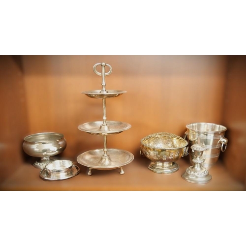 1147 - Brass Three Tier Cakestand, Ice Bucket, Rose Bowl etc.