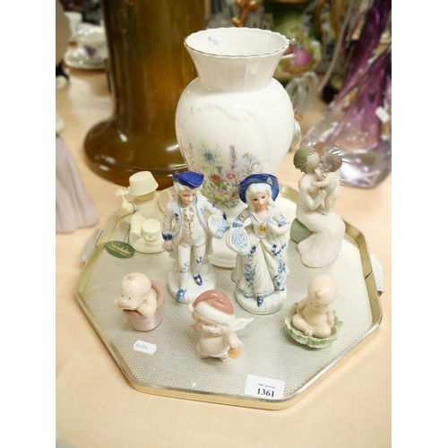 1361 - Tray Lot - Aynsley Vase, Porcelain Figures, Snowbaby etc.