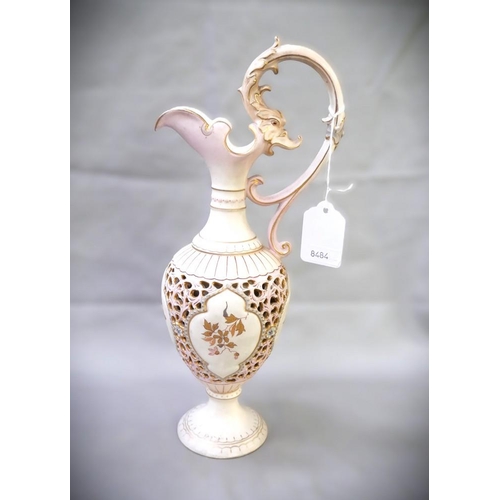 1380 - Antique Reticulated Cabinet Ewer with Extended Dolphin Handle, 31cm tall.