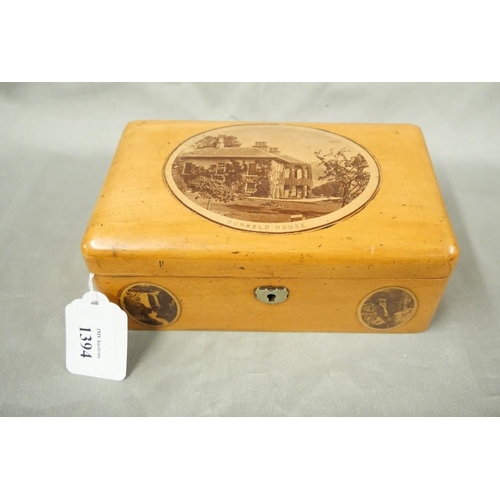 1394 - Mauchline Ware Sewing Box - Dunkeld House, approx 17cm across.