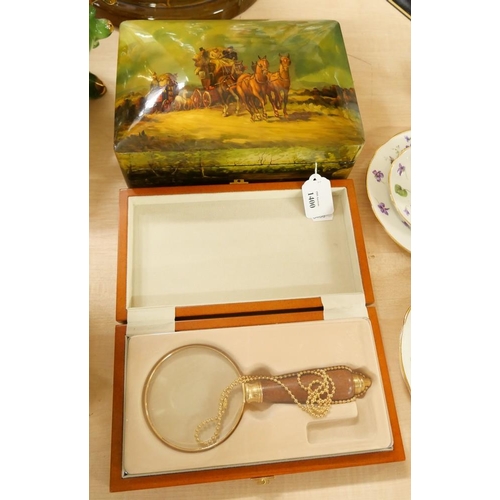 1400 - Painted Trinket Box & Magnifying Glass in Case.