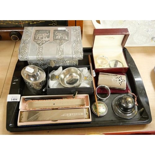 1404 - Tray Lot - Mouth Organ, Trinket Box, Napkin Rings etc.