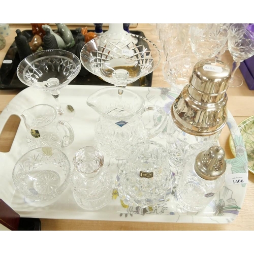 1406 - Tray Lot - Glass Cocktail Shaker with Plated Mounts, Sugar Sifter, Jugs etc.