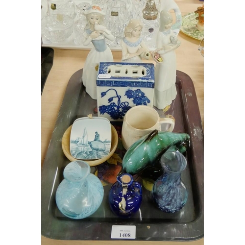 1408 - Tray Lot - Porcelain Figures, Chinese Flower Brick, Caithness etc.