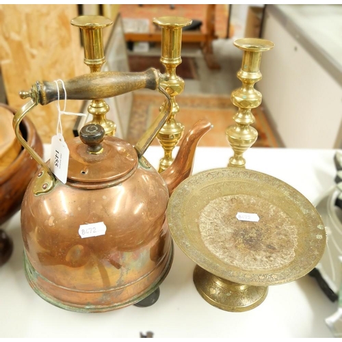 1455 - Copper Kettle, Pair of Candlesticks, Brass Tazza etc.