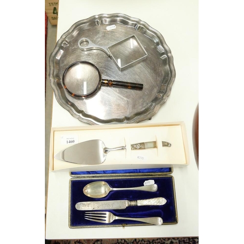 1460 - EPNS Tray, Magnifying Glass, Box of Cutlery.