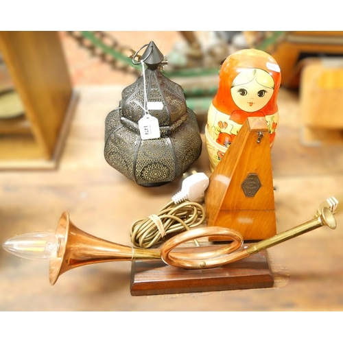 1474 - Metronome, Copper Hunting Horn Lamp, Russian Doll etc.