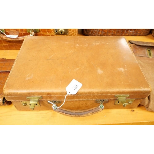 1482 - Quality Leather Case with Brass Fittings, red interior, approx 41cm across.