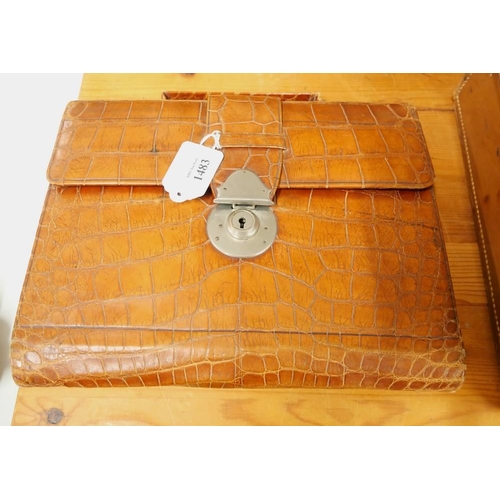 1483 - Simulated Crocodile Skin Leather Satchel / Stationery Case, green interior, early 1900's, approx 28c... 