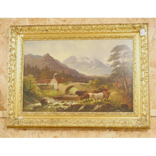 1495 - Large Antique Oil Painting - Highland Cattle in Landscape Signed A. Taylor, approx 73 x 48cm.