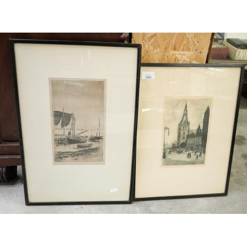 1501 - Two Framed Engravings - Street Scene & Fishing Boat.