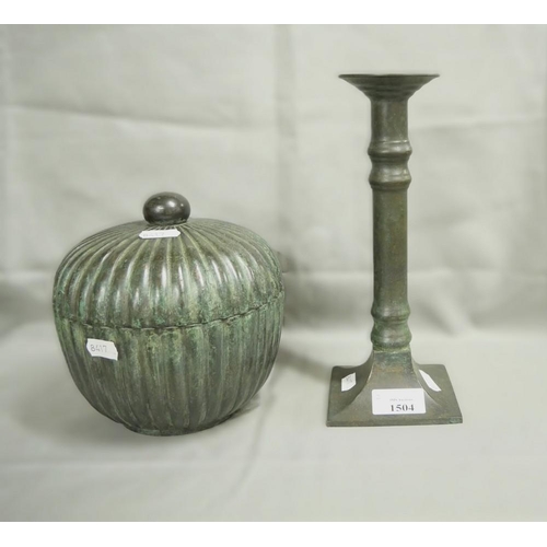 1504 - Christian De Beaumont Reeded Bronze Jar & Cover and Single Candlestick.