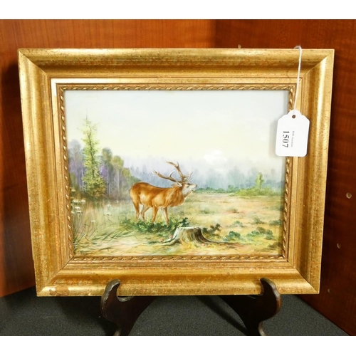 1507 - Framed Handpainted Porcelain Panel - depicting Red Deer Stag in Forest clearing, approx 22 x 18cm.