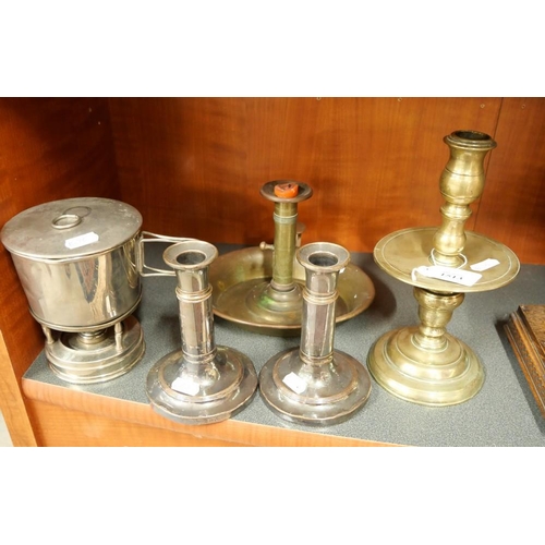 1513 - Two Brass Candlesticks, Pair of EP Candlesticks, Portable Spirit Stove.