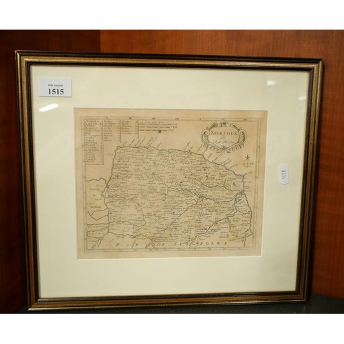 1515 - Antique Framed Map of Norfolk, approx 23 x 18cm.