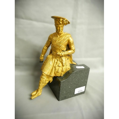 1516 - Heavy Gilt Metal Highland Figure on Marble Base, approx 24cm tall.