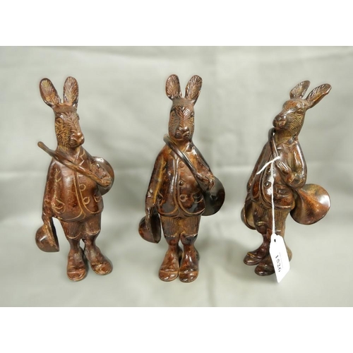 1526 - Three Modern Patinated Bronze Rabbit Musicians, approx 19cm tall.