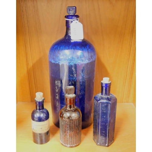 1529 - Three Blue & One Brown Glass Apothecary Bottles.