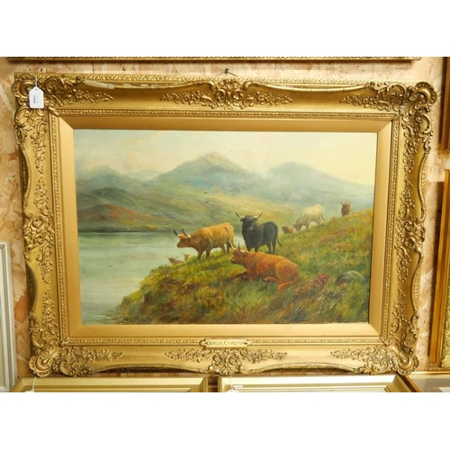 1560 - Framed Oil Painting - Highland Cattle in Landscape by Douglas Cameron, approx 74 x 49cm.