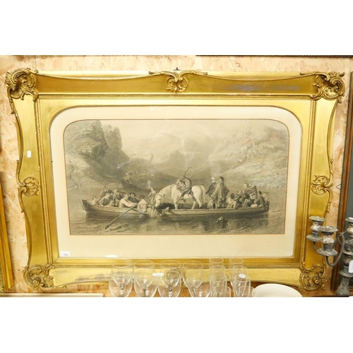 1564 - Large Victorian Framed Print - Deer Hunting Party Returning Home on Rowing Boat, approx 84 x 45cm.