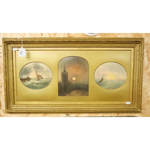 1566 - Framed Triptych Painting - Central London Scene Flanked with Maritime Views, approx 74 x 40cm overal... 