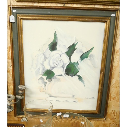 1567 - Framed Still Life, White Roses, Indistinct Signature, approx 58 x 69cm.