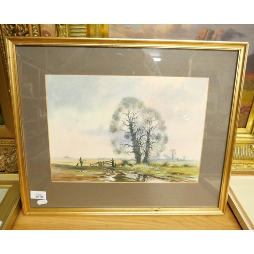 1570 - Framed Watercolour - Shooter with Dog in Landscape, approx 38 x 26cm.