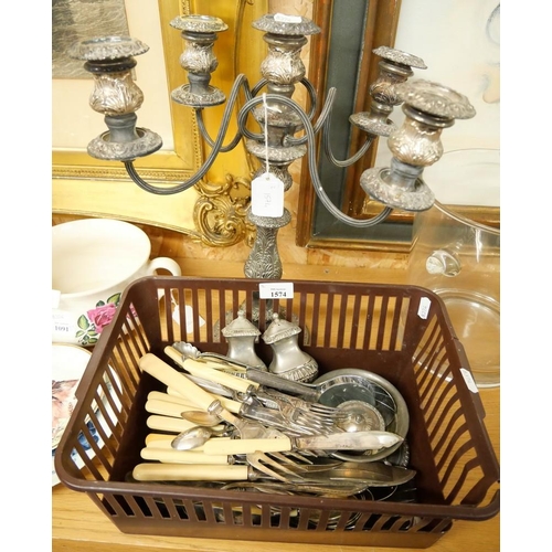 1574 - Four Branch Silverplated Table Candelabra & Silver Mounted Magnifying Glass, Cutlery etc.