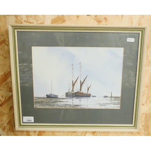 1584 - Framed Watercolour - Moored Fishing Boats by Alan Whitehead, approx 30 x 21cm.