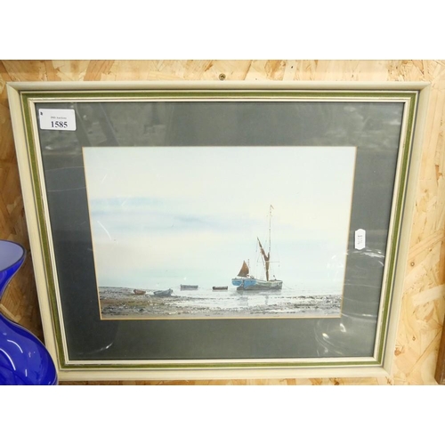 1585 - Framed Watercolour - Moored Fishing Boats by Alan Whitehead, approx 30 x 21cm.