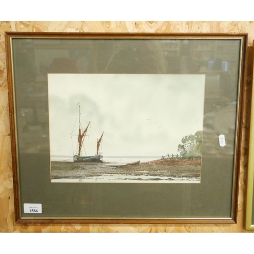 1586 - Framed Watercolour - Moored Fishing Boats by Alan Whitehead, approx 31 x 23cm.