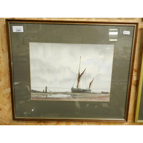 1587 - Framed Watercolour - Moored Fishing Boats by Alan Whitehead, approx 30 x 21cm.