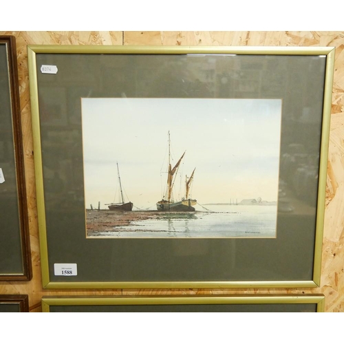 1588 - Framed Watercolour - Moored Fishing Boats by Alan Whitehead, approx 32 23cm.