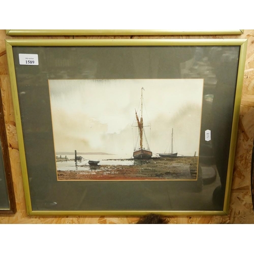 1589 - Framed Watercolour - Moored Fishing Boats by Alan Whitehead, approx 30 x 21cm.