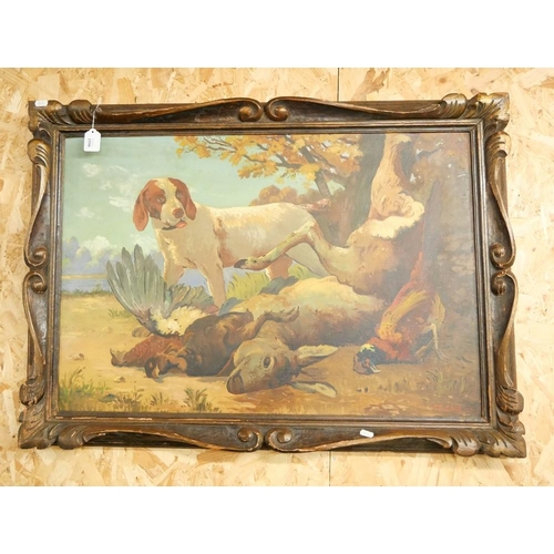 1590 - Large Oil Painting - Hunting Dog & Game, Signed F.R.Eteve 28, approx 82 x 56cm.