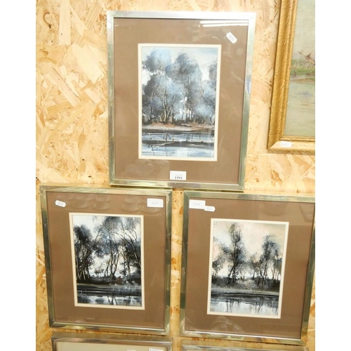 1591 - Set of Three Framed Watercolours - River Landscapes, approx 18 x 24cm.