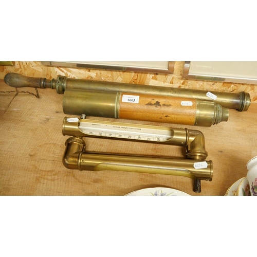 1603 - Two Industrial Brass Thermometers, Brass Garden Sprayer & Brass Telescope (AF).