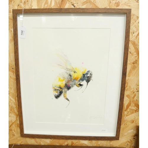 2011 - Framed Watercolour - Bumble Bee Indistinct Signature, approx 28 x 38cm.