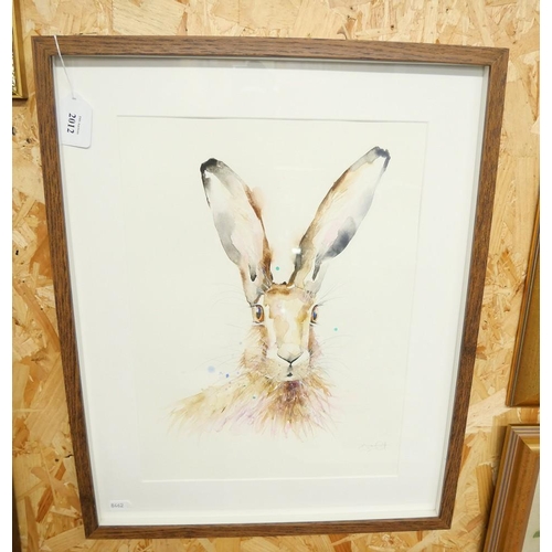 2012 - Framed Watercolour - Common Hare, Indistinct Signature, approx 28 x 38cm.