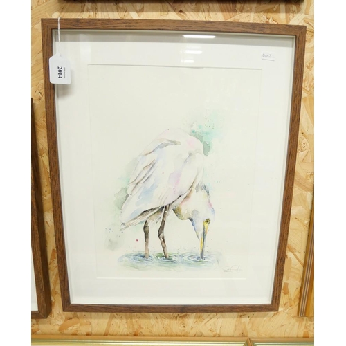 2014 - Framed Watercolour - Egret, Indistinct Signature, approx 28 x 38cm.