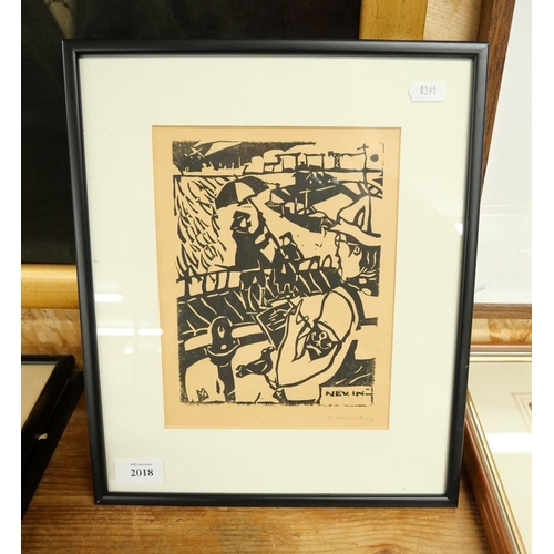 2018 - Framed Ltd Edition Woodcut, J Nevin 3/10, approx 17 x 22cm.