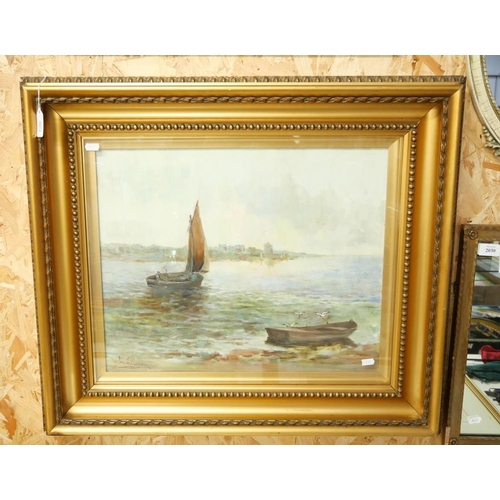 2024 - Framed Oil Painting - Fishing Boat with Town in Middle Distance, by Jane Elizabeth Spindler approx 5... 