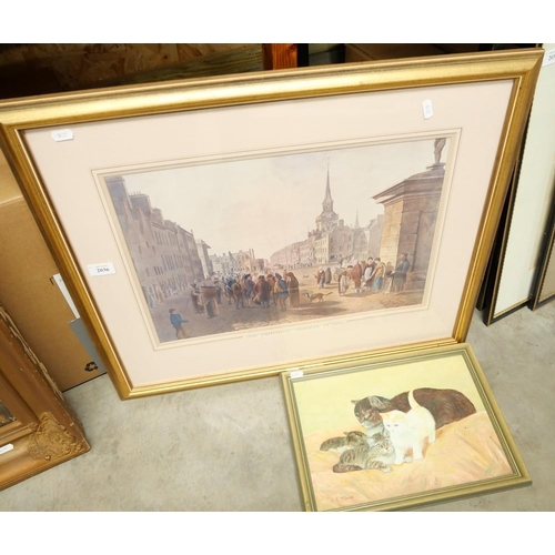 2036 - Framed Print of Castlegate Aberdeen & Oil Painting Study of Cats.