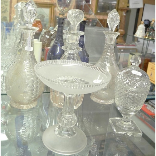 2068 - Pair of Decanters, Single Decanter, Frosted Glass Comport & Sweet Jar & Cover.