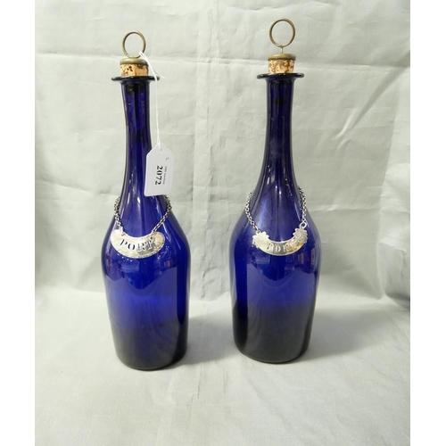 2072 - Pair of Antique Bristol Blue Glass Decanters & Sliver Labels.