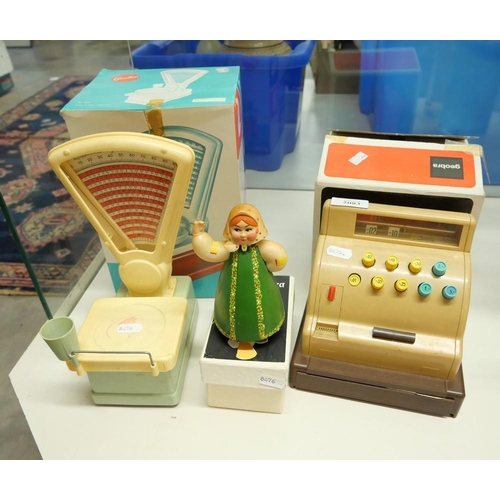 2083 - Vintage Toys -  Boxed Kitchen Scale, Boxed Nodding Figure & Boxed Shop Till.