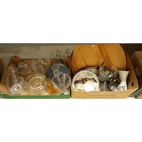 2094 - 2 Boxes - Glassware, China, Wooden Tray, etc