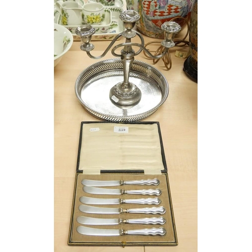 2119 - Cased Set of 6 Plated Butter Knives, Tray & Candelabra.