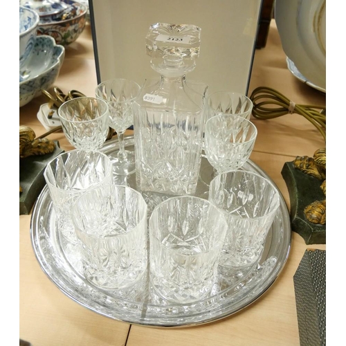 2123 - EP Tray, 4 Cut Glass Whisky Tumblers, 4 Small Cut Glass Wine Glasses & Decanter.